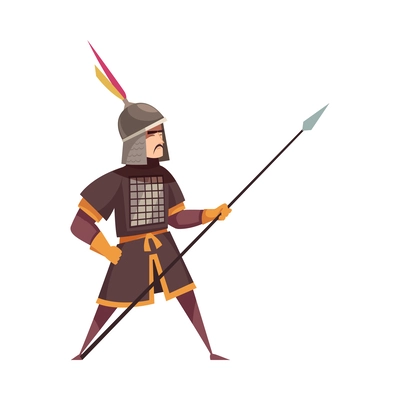 Ancient chinese warrior with spear flat vector illustration