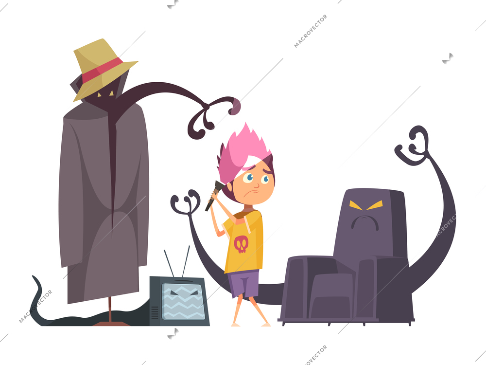 Childhood fears cartoon concept with little boy with torch scared by furniture monsters vector illustration