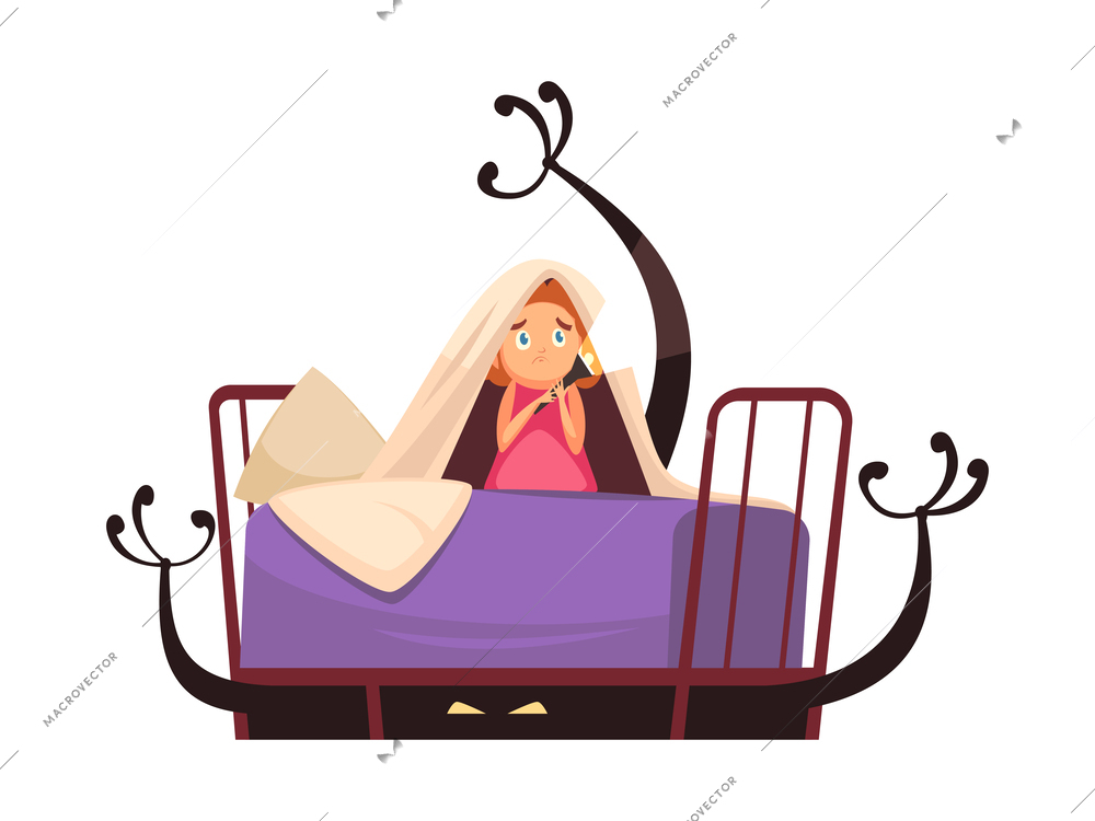 Childhood fears cartoon concept with little girl with torch scared by monsters under bed vector illustration