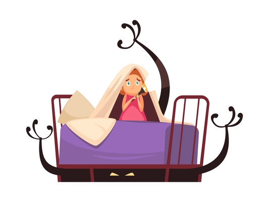 Childhood fears cartoon concept with little girl with torch scared by monsters under bed vector illustration
