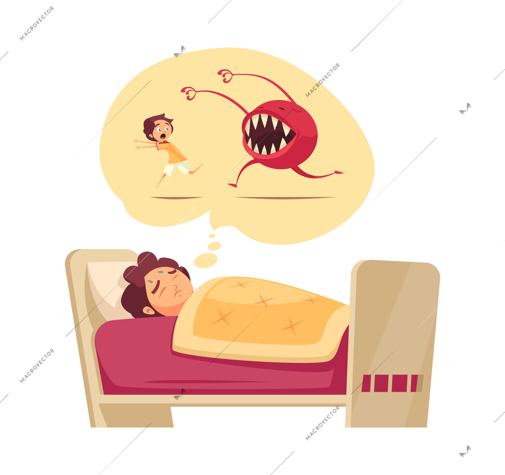 Childhood fears cartoon concept with little boy dreaming of being chased by monster vector illustration