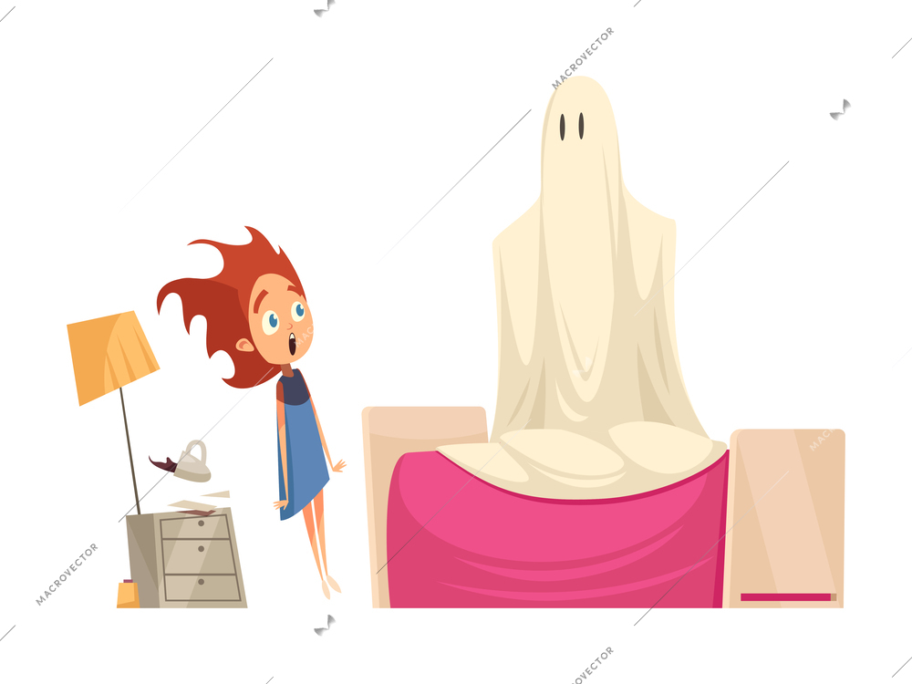 Childhood fears flat cartoon concept with little girl scared by ghost in bedroom vector illustration