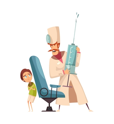 Childhood fears cartoon concept with little boy afraid of doctor with big syringe vector illustration