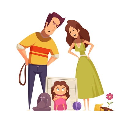 Childhood fears cartoon concept with upset girl scared by angry parents vector illustration
