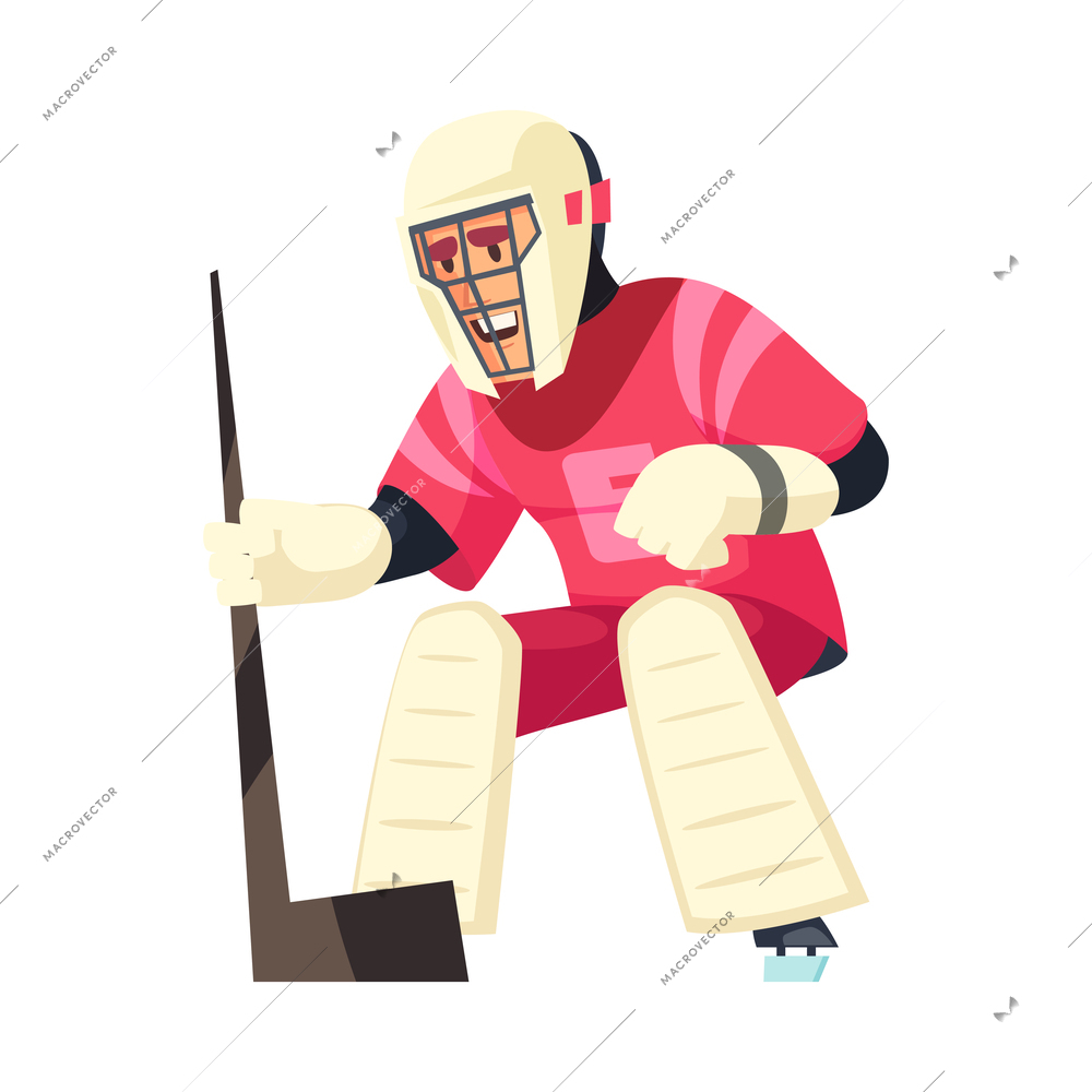 Flat male hockey goalkeeper during game vector illustration