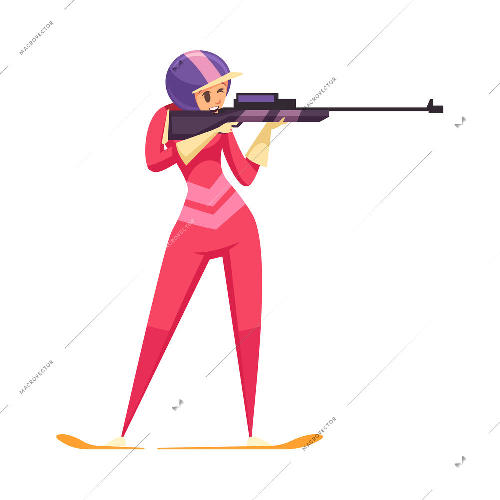 Female athlete doing biathlon flat vector illustration