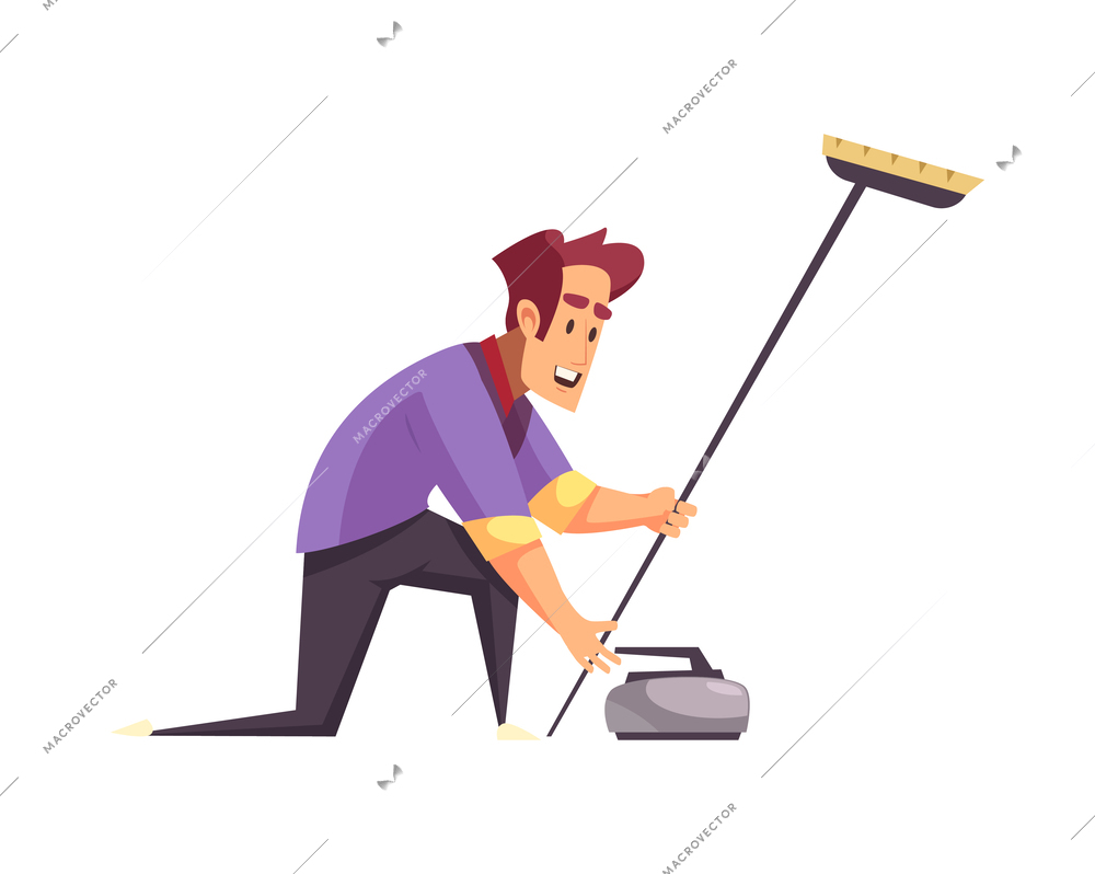 Happy man playing curling flat vector illustration