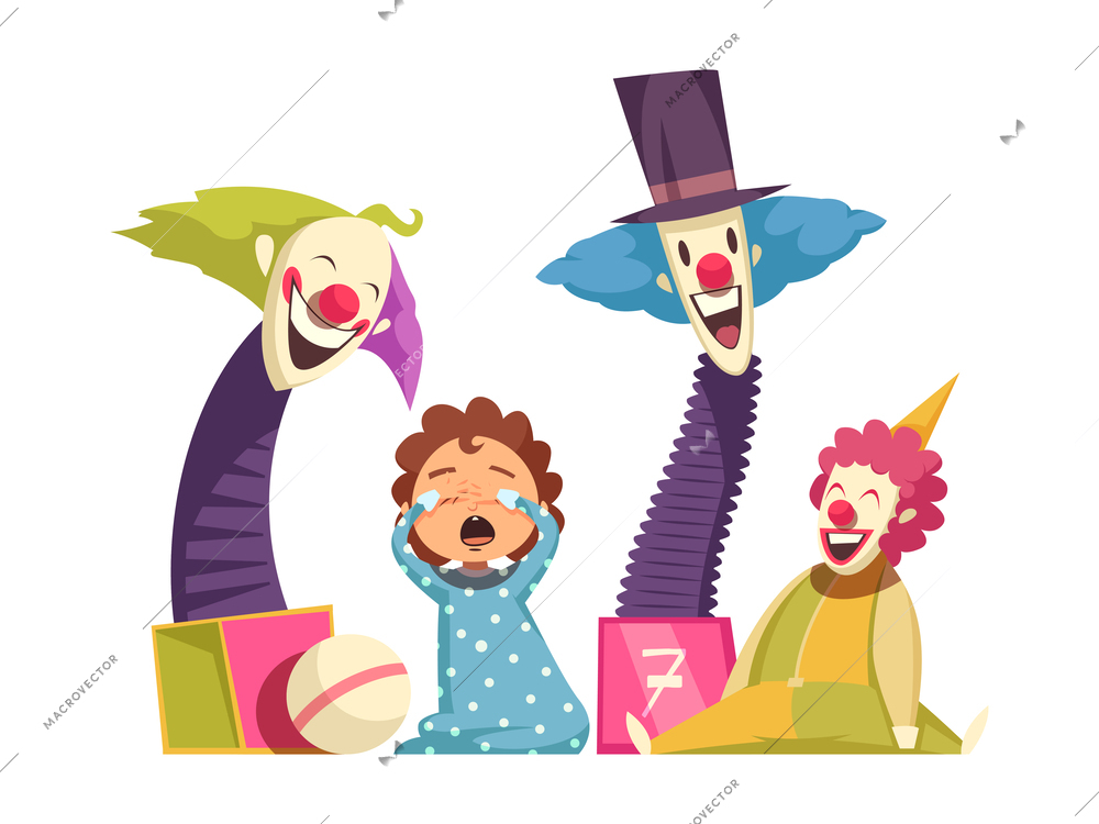 Childhood fears cartoon concept with crying kid scared by clowns vector illustration