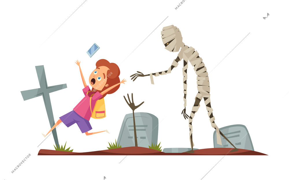 Childhood fears cartoon concept with little boy running from mummy on cemetery vector illustration