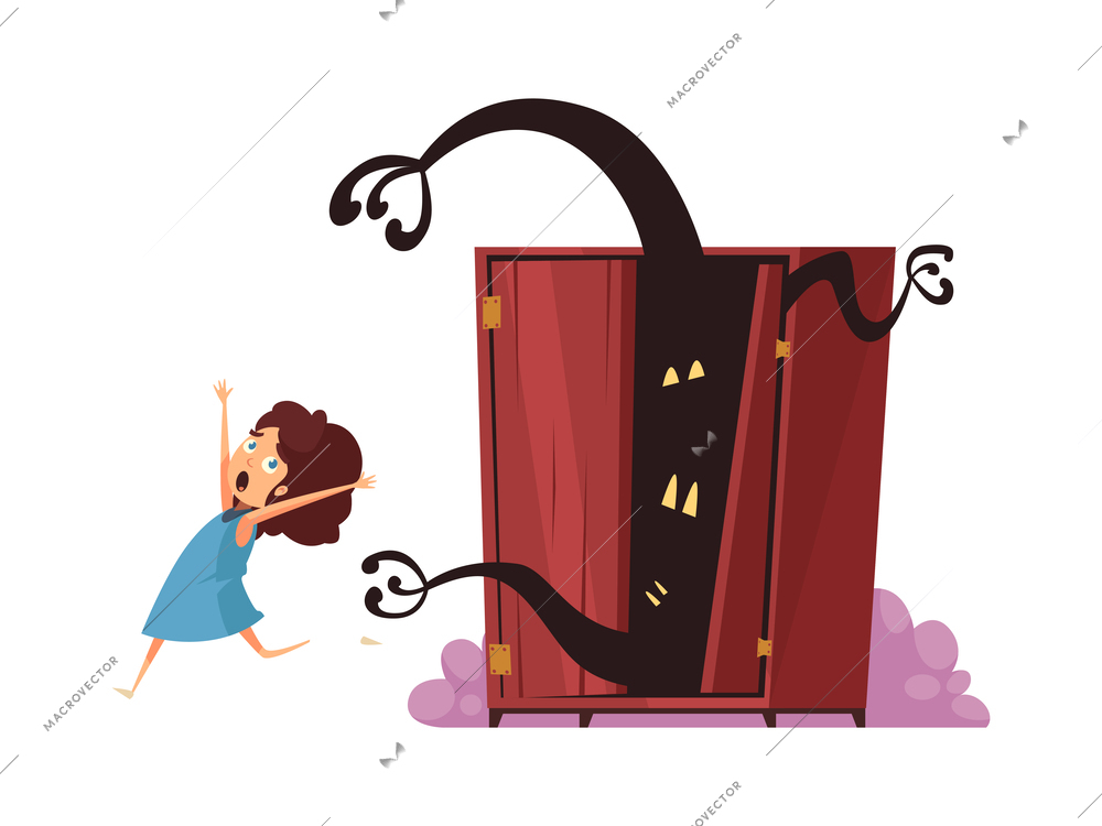 Childhood fears cartoon concept with scared girl running from imaginary monsters in wardrobe vector illustration