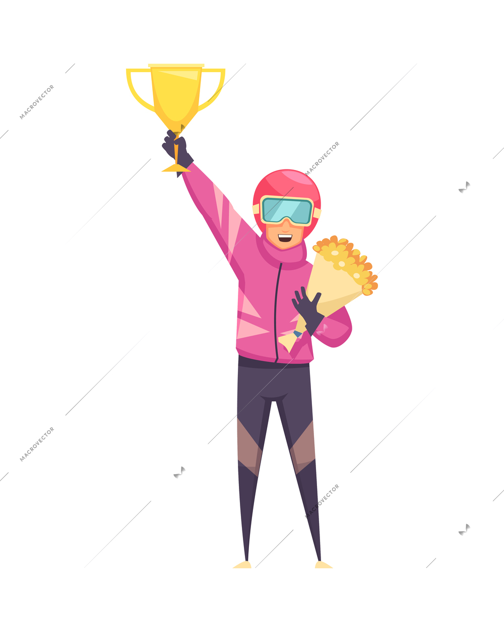 Happy sportsman winner holding cup and bunch of flowers flat vector illustration