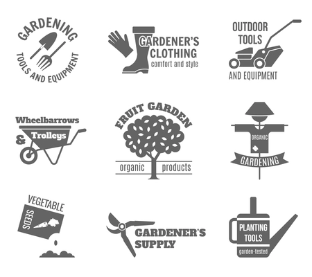 Garden black label set with tools equipment clothing fruit and vegetable seeds isolated vector illustration