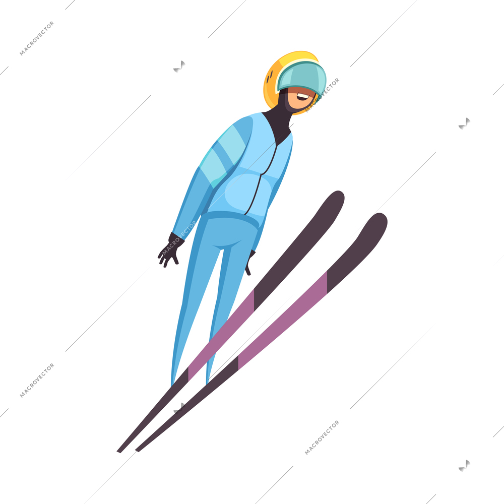 Happy jumping skier in air flat vector illustration