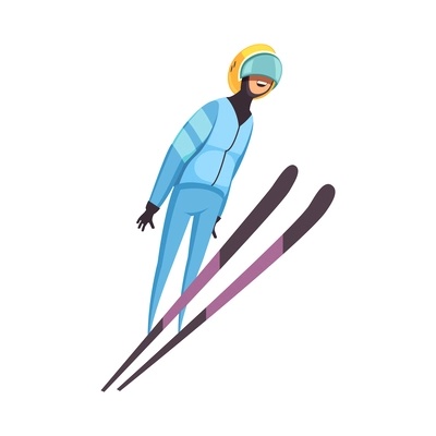 Happy jumping skier in air flat vector illustration