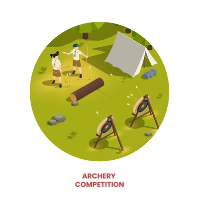 Archery competition in summer scout camp isometric round composition with boy and girl shooting bows 3d vector illustration