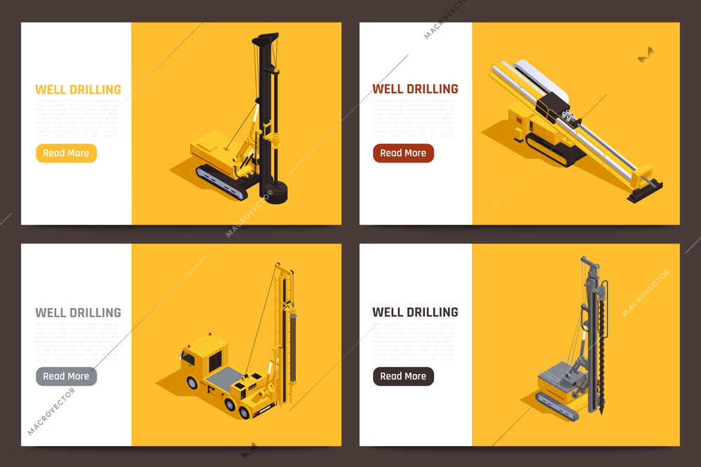 Set of four isometric horizontal banners with well drilling machinery isolated on dark background 3d vector illustration