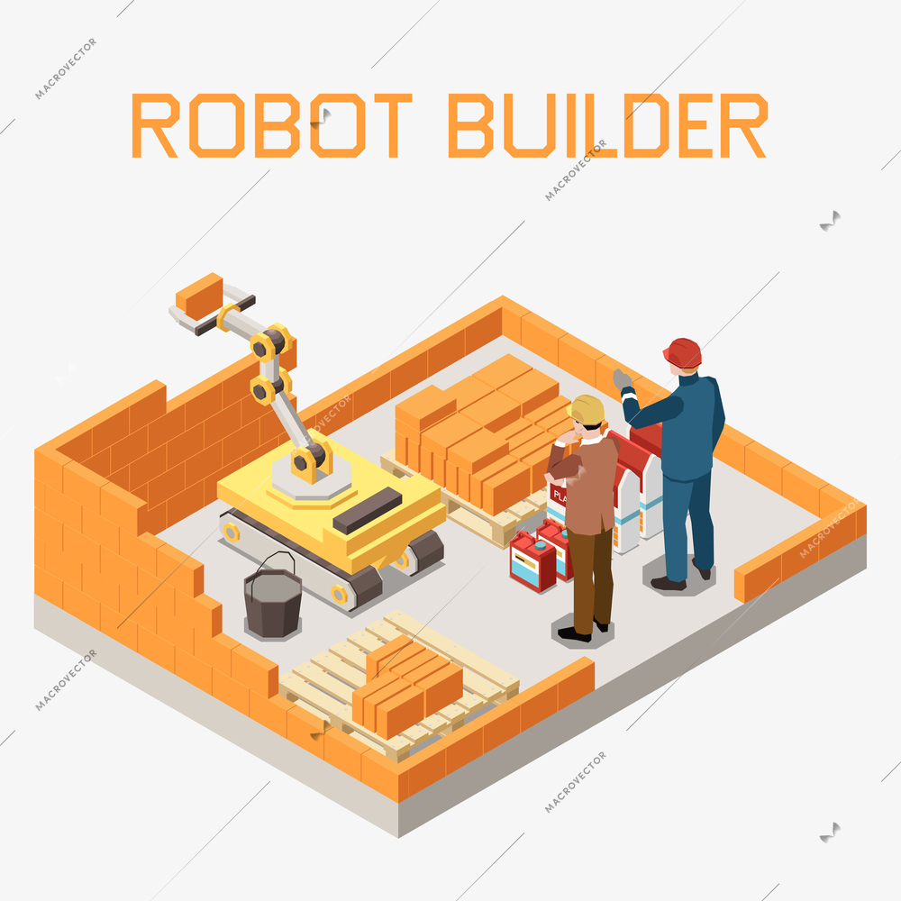 Robot builder laying bricks wall used in modern construction isometric background 3d vector illustration