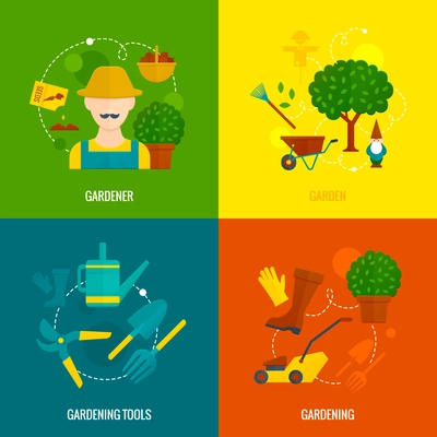 Country hobby gardener tools and accessories  4 flat icons of lawn mower composition abstract isolated vector illustration