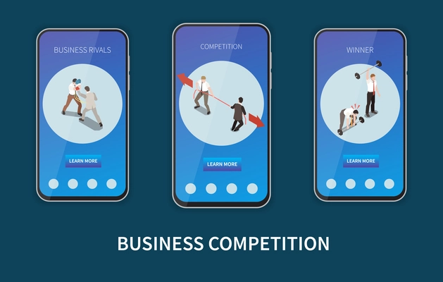 Business competition isometric composition depicting three smartphone screens with information about rivals and winners vector illustration