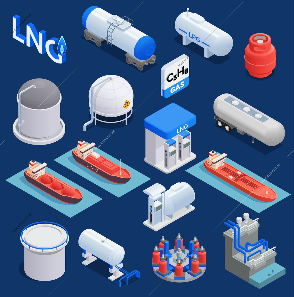 Gas industry equipment isometric set of sea and earth cargo vehicles and elements of terminal for liquefied natural gas isolated vector illustration