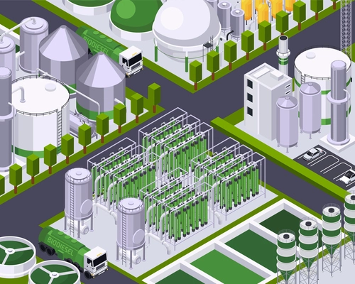 Bio fuel production isometric composition of outdoor scenery with factory buildings block streets intersection abd trucks vector illustration