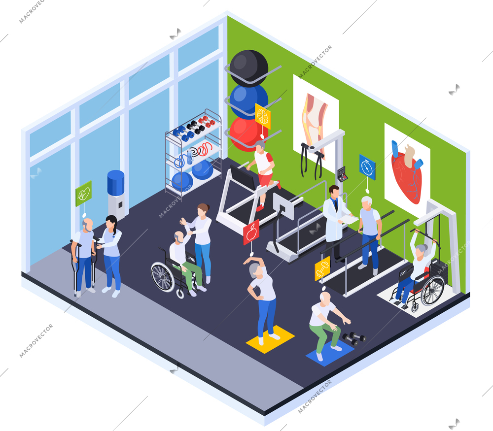 Senior healthcare healthy aging isometric composition with view of gym with cardio training appliances and people vector illustration