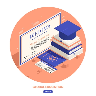 Global education student exchange round composition with isometric icons of diploma certificate books and academic hat vector illustration