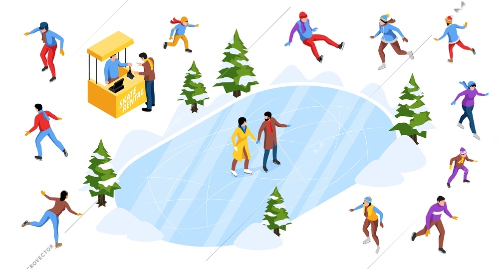 Isometric set of skating people ice rink skate rental and fir trees in snow isolated 3d vector illustration