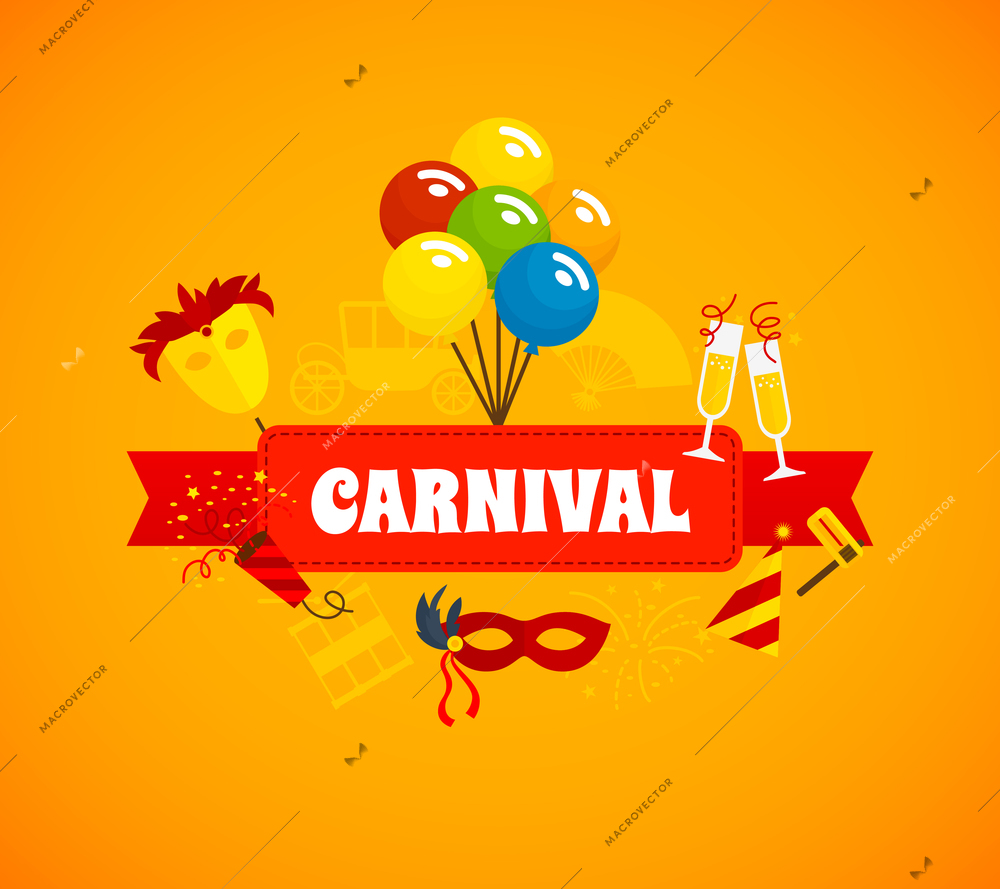 Carnival flat background with mask champagne glasses and balloons vector illustration