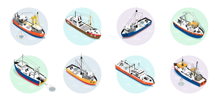 Isometric set of round compositions with commercial fishing boats at sea 3d isolated vector illustration