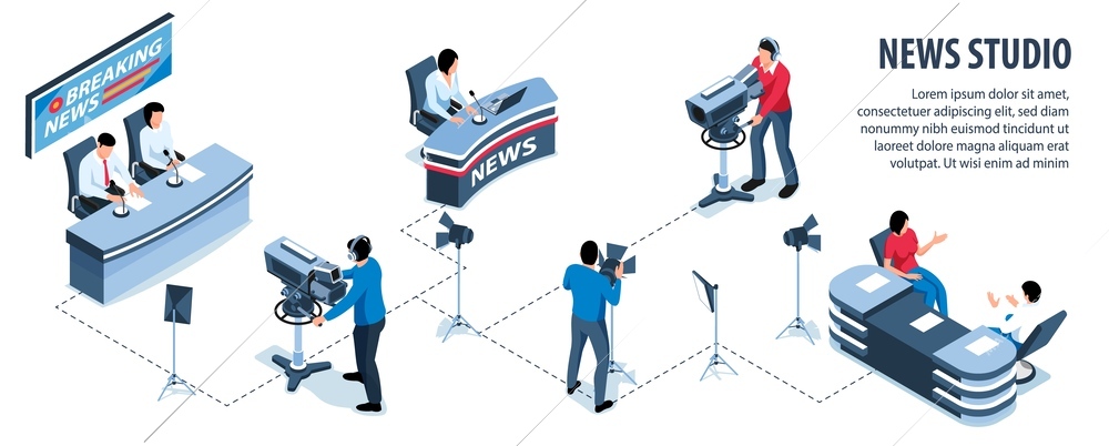 News studio isometric infographics with professional newscasters and shooting team at work 3d vector illustration