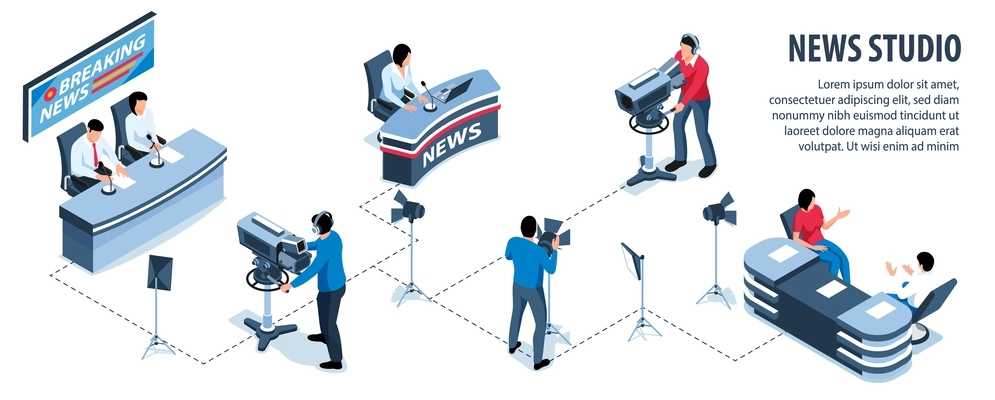 News studio isometric infographics with professional newscasters and shooting team at work 3d vector illustration