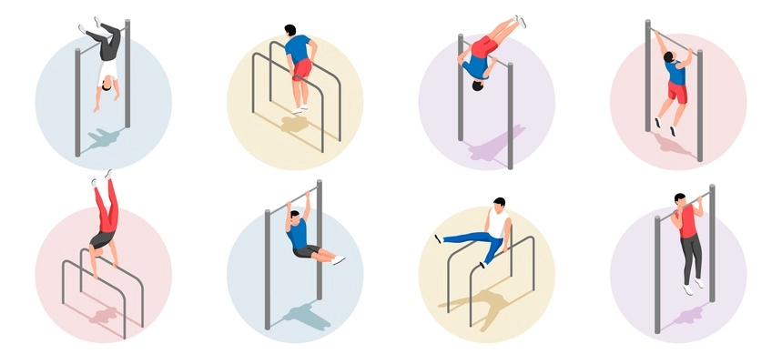 Set of isometric compositions with male human characters doing workout on bars isolated vector illustration