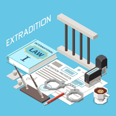 Extradition isometric design concept with international law book seal detention protocol and handcuffs vector illustration