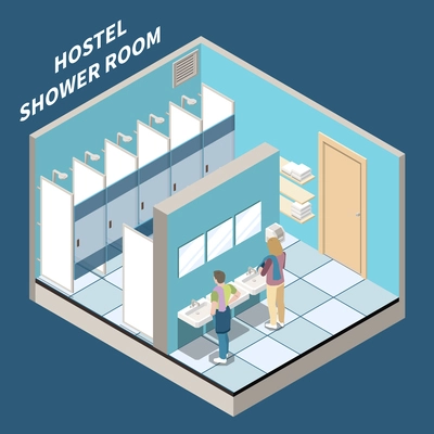 Hostel shower room isometric background with three sinks and five booths behind the partition vector illustration