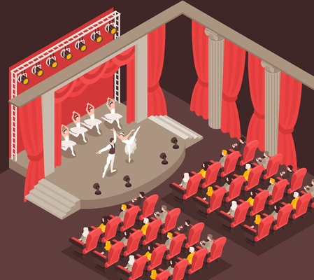 Isometric ballet performance composition with dancers on stage vector illustration