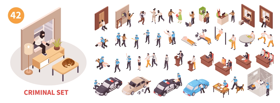 Isometric criminal set with crime police and prison scenes isolated vector illustration