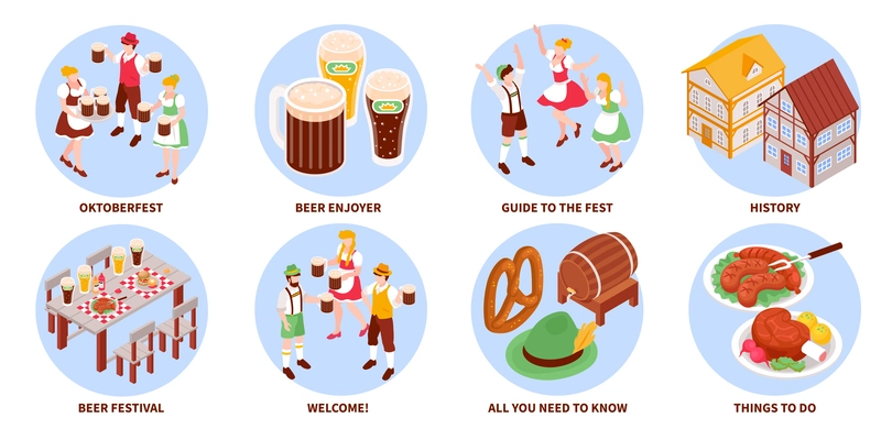 Isometric Oktoberfest festival composition set with traditional beer and food isolated vector illustration