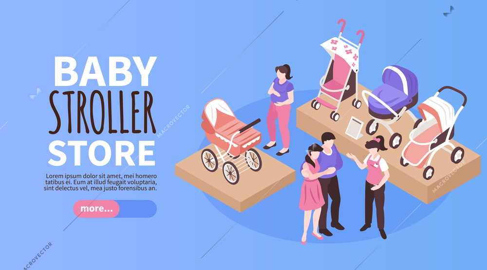 Isometric baby carriage store with parents choosing stroller horizontal banner vector illustration