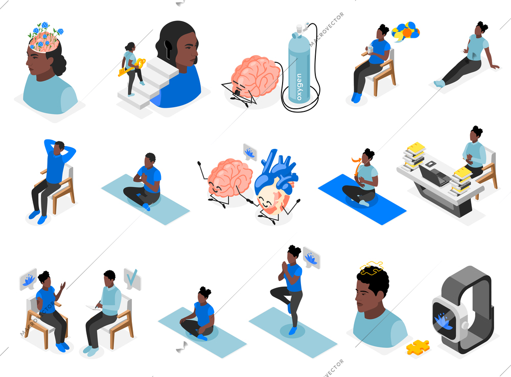 Mindfulness and meditation isometric set of recolor icons with isolated conceptual images of brain mental routines vector illustration