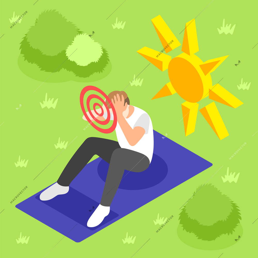 Heat stroke isometric composition with outdoor background and man holding head with sun and target icons vector illustration