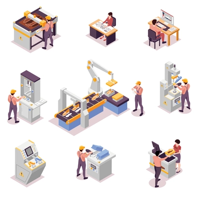 Shoes production set with factory symbols isometric isolated  vector illustration