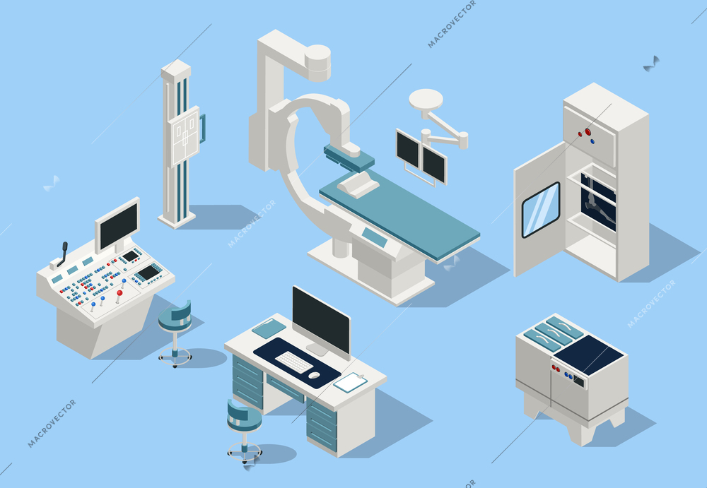 X-ray isometric set with healthcare equipment symbols isolated vector illustration