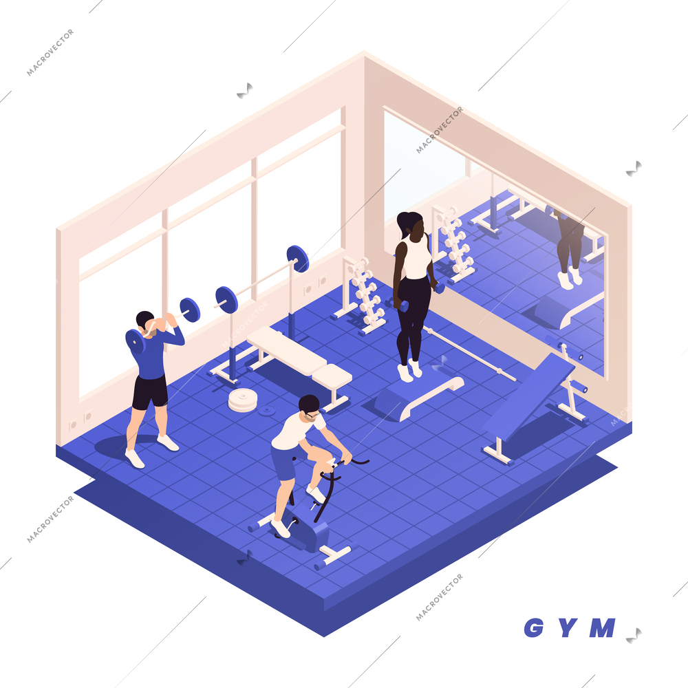 Home gym isometric concept with people doing different trainings indoors vector illustration