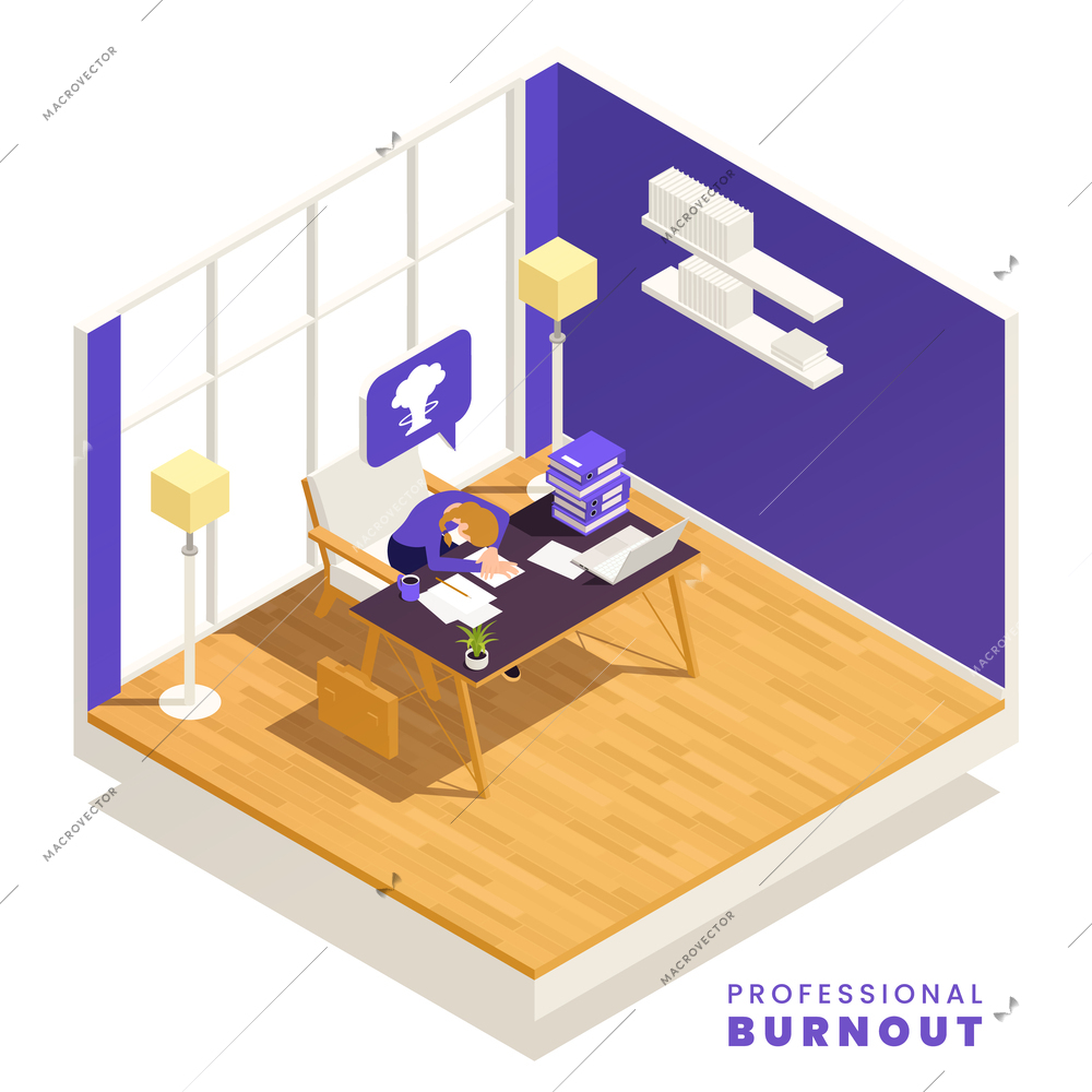 Professional burnout syndrome isometric concept with tired person sleeping in office vector illustration