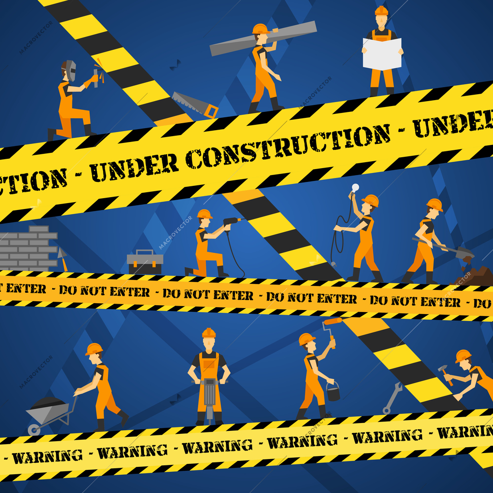 Under construction poster with workmen and yellow restriction line vector illustration