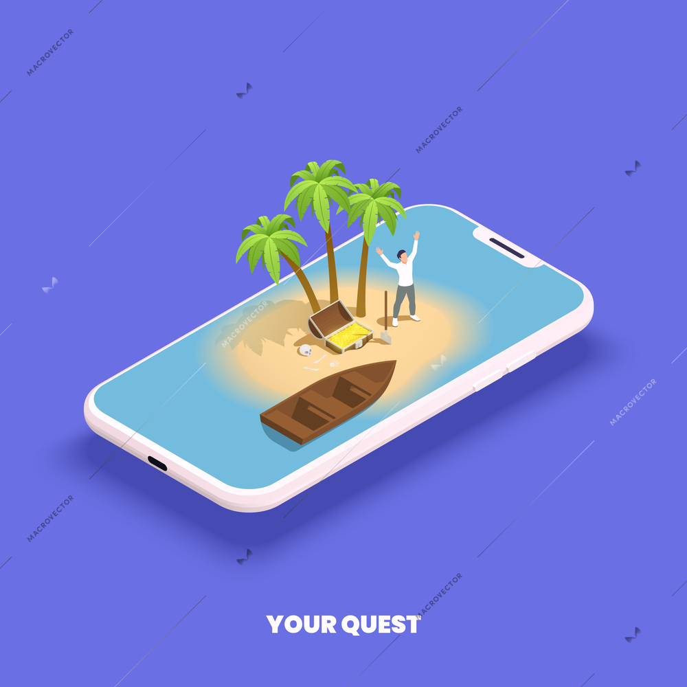 Treasure hunt game concept with mobile phone and happy person found a chest vector illustration