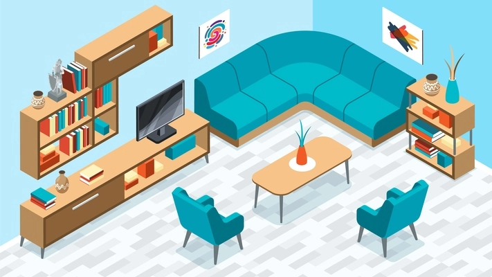 Isometric interior composition with indoor scenery of living room with corner sofa books table and chairs vector illustration