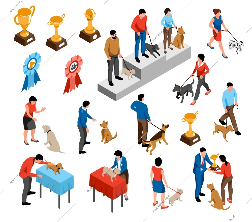 Isometric dog show set with isolated icons of trophy cups winners podium and masters with dogs vector illustration