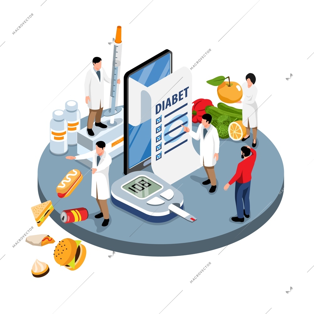 Isometric diabetes composition with isolated view of round platform with medical specialists insulin junk food prohibition vector illustration